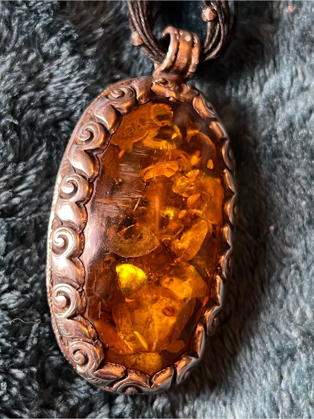 Gold Tone Baltic Amber/Silver Oval Pendant Necklace with Black Multi-Strand Cord - Picture 11 of 11
